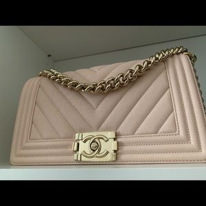 Rare Chanel Classic Boy Flap Bag Beige Pink 20A Chevron Caviar Light Gold Chain